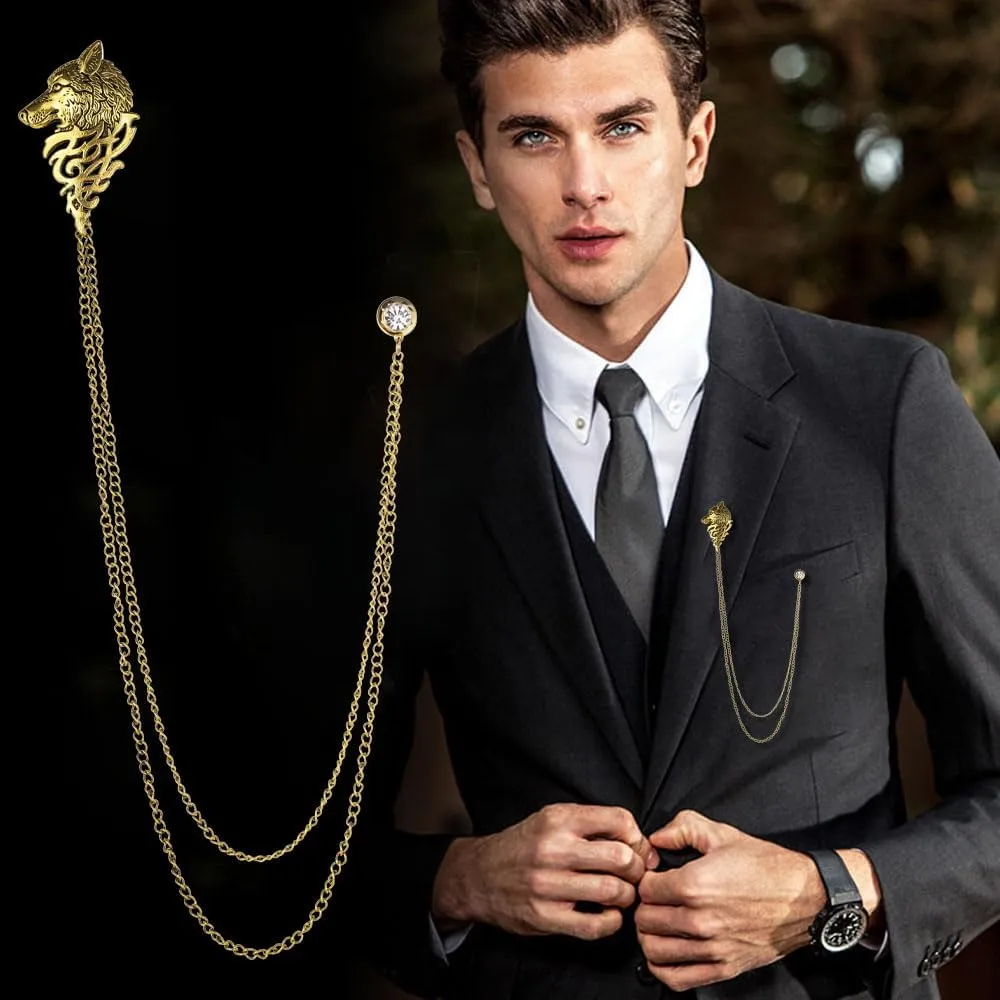 Vintage Wolf Head Suit Pin with Double Hanging Chains Brooch Collar Lapel Pin for Men Shirt Tuxedo Tie Stud Tassel Accessories Jewelry Gifts