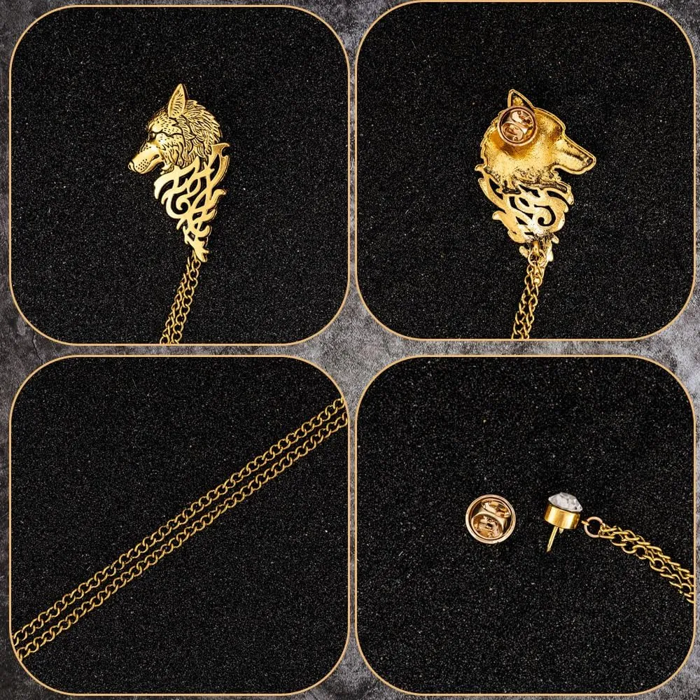 Vintage Wolf Head Suit Pin with Double Hanging Chains Brooch Collar Lapel Pin for Men Shirt Tuxedo Tie Stud Tassel Accessories Jewelry Gifts