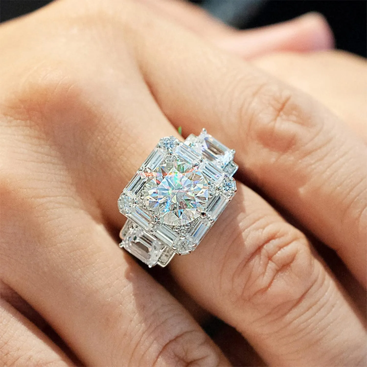 Vsoruln Men's Moissanite Ring Mens Wedding Engagement Rings 18K White Gold Diamond Ring Full of Small Diamonds Large Carat Men's Ring Square Cut Cubic Zirconia Eternity Ring Band (12)