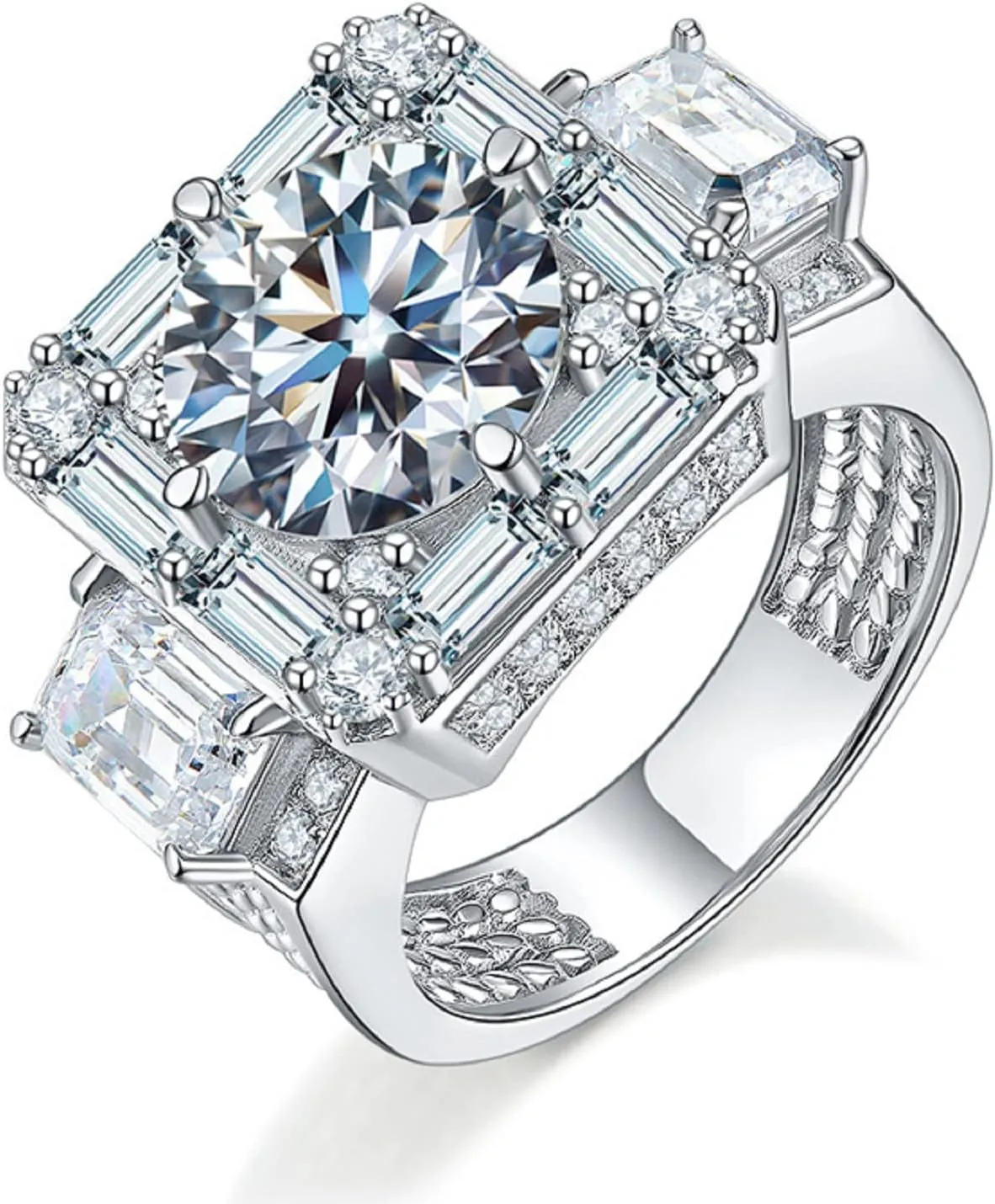 Vsoruln Men's Moissanite Ring Mens Wedding Engagement Rings 18K White Gold Diamond Ring Full of Small Diamonds Large Carat Men's Ring Square Cut Cubic Zirconia Eternity Ring Band (12)