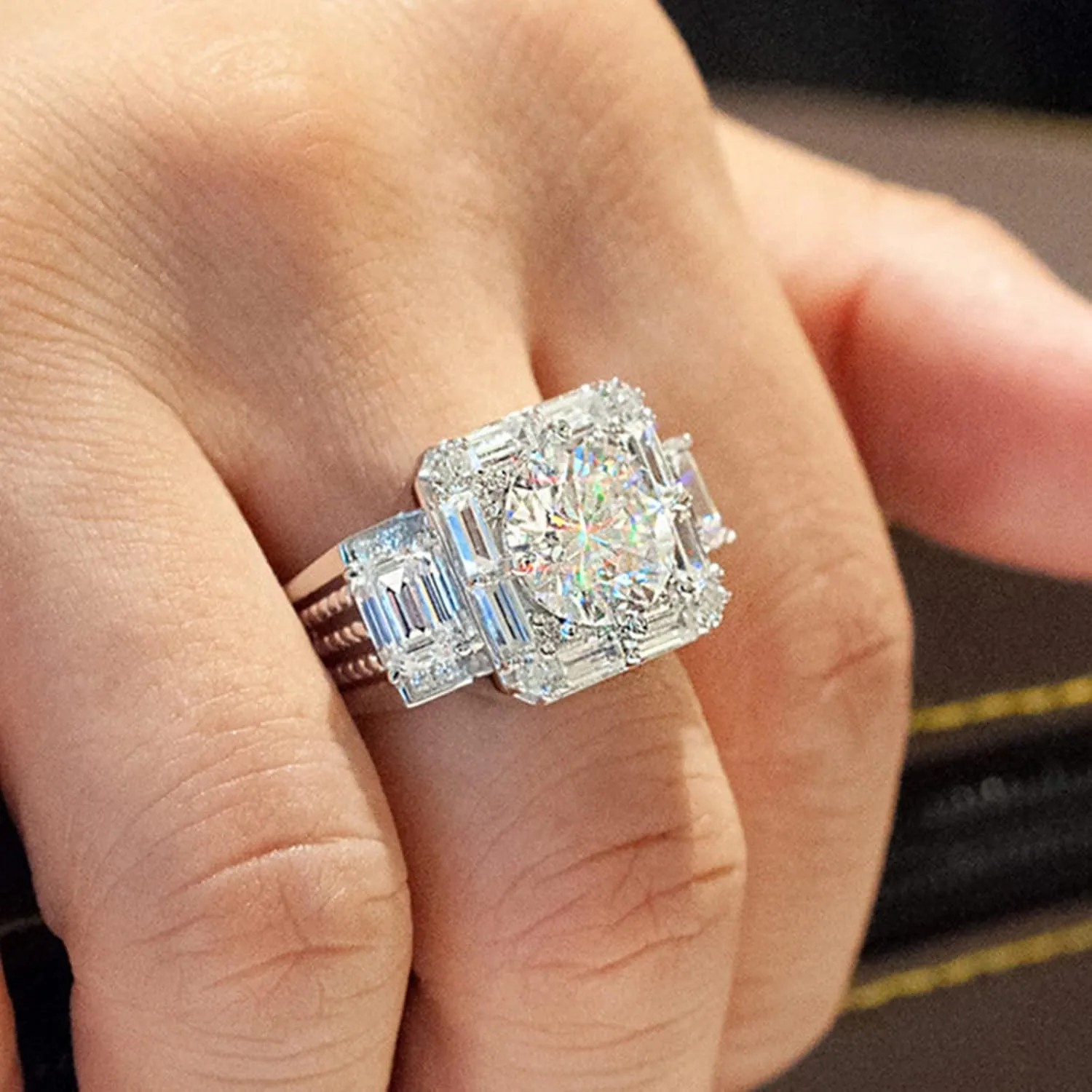 Vsoruln Men's Moissanite Ring Mens Wedding Engagement Rings 18K White Gold Diamond Ring Full of Small Diamonds Large Carat Men's Ring Square Cut Cubic Zirconia Eternity Ring Band (12)