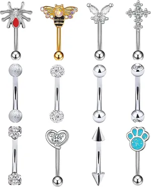 Vtrem 12PCS 16G Belly Button Ring Rook Piercing Jewelry Stainless Steel Eeybrow Rings Curved Barbell Piercing Diamond CZ Butterfly Navel Rings Body Piercing Jewelry for Women