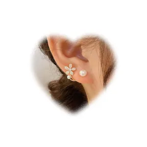 W WEILIRIAN Flower Pearl Jacket Earrings for Women Vintage Pearl Earrings Crystal Flower Earrings Gold Pearl Stud Earrings Pearl Front Back Earrings Jewelry for Girls Gifts (Gold)