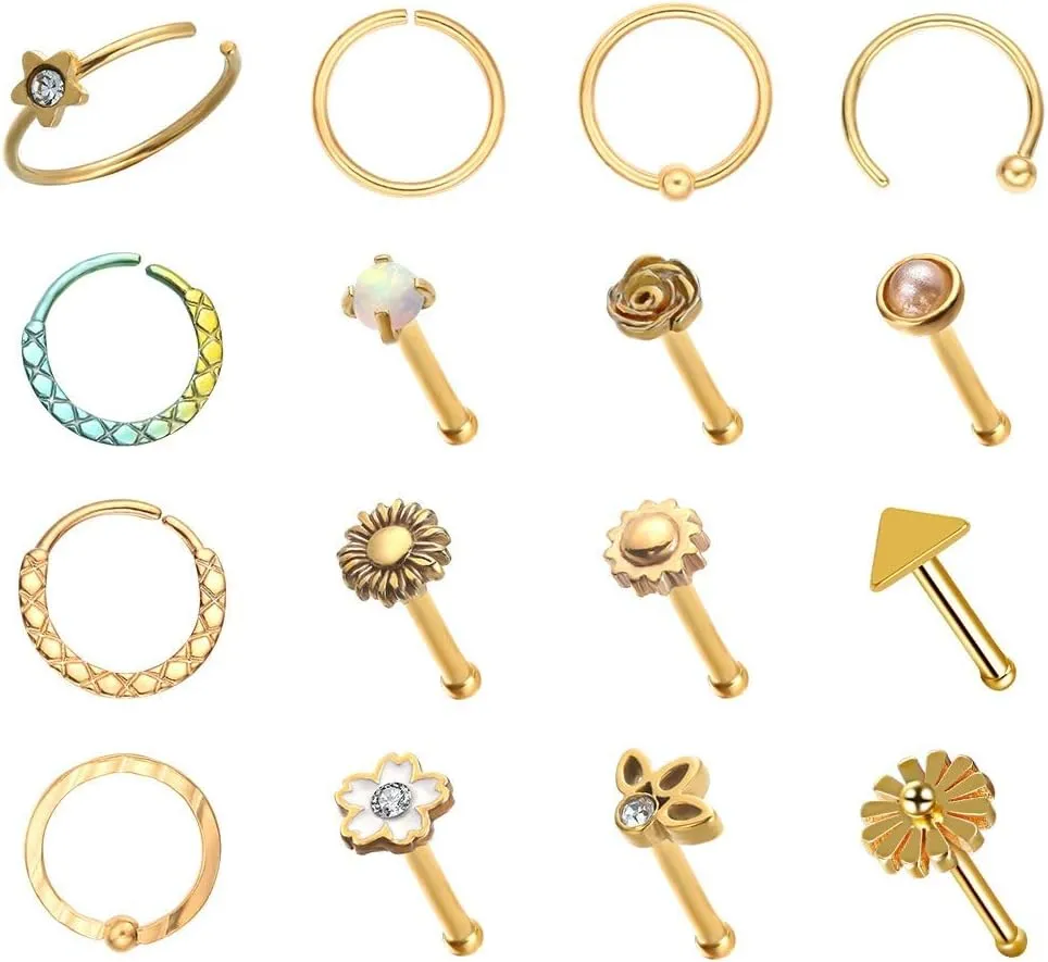 WASOLIE Stainless Steel Nose Rings Studs Piercing Jewelry Colorful Set Septum 20G cool nose rings l shaped pierced nose rings hoops nose ring studs For Women And Men Jewelry.