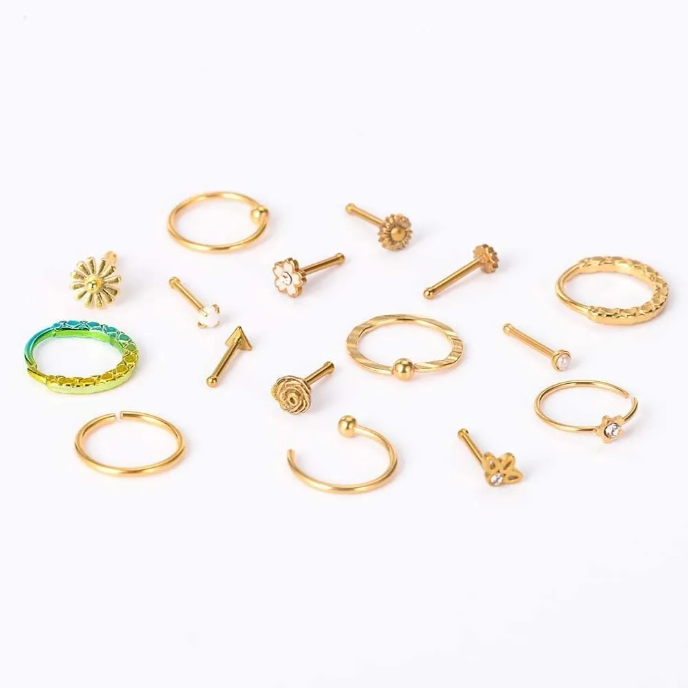WASOLIE Stainless Steel Nose Rings Studs Piercing Jewelry Colorful Set Septum 20G cool nose rings l shaped pierced nose rings hoops nose ring studs For Women And Men Jewelry.