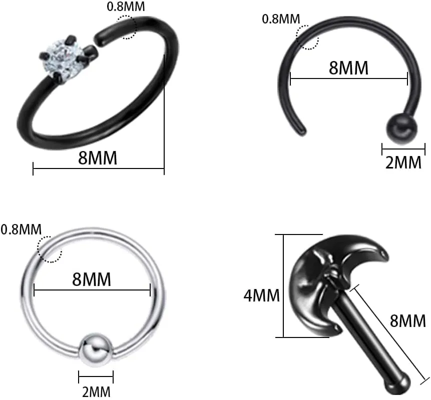 WASOLIE Stainless Steel Nose Rings Studs Piercing Jewelry Colorful Set Septum 20G cool nose rings l shaped pierced nose rings hoops nose ring studs For Women And Men Jewelry.