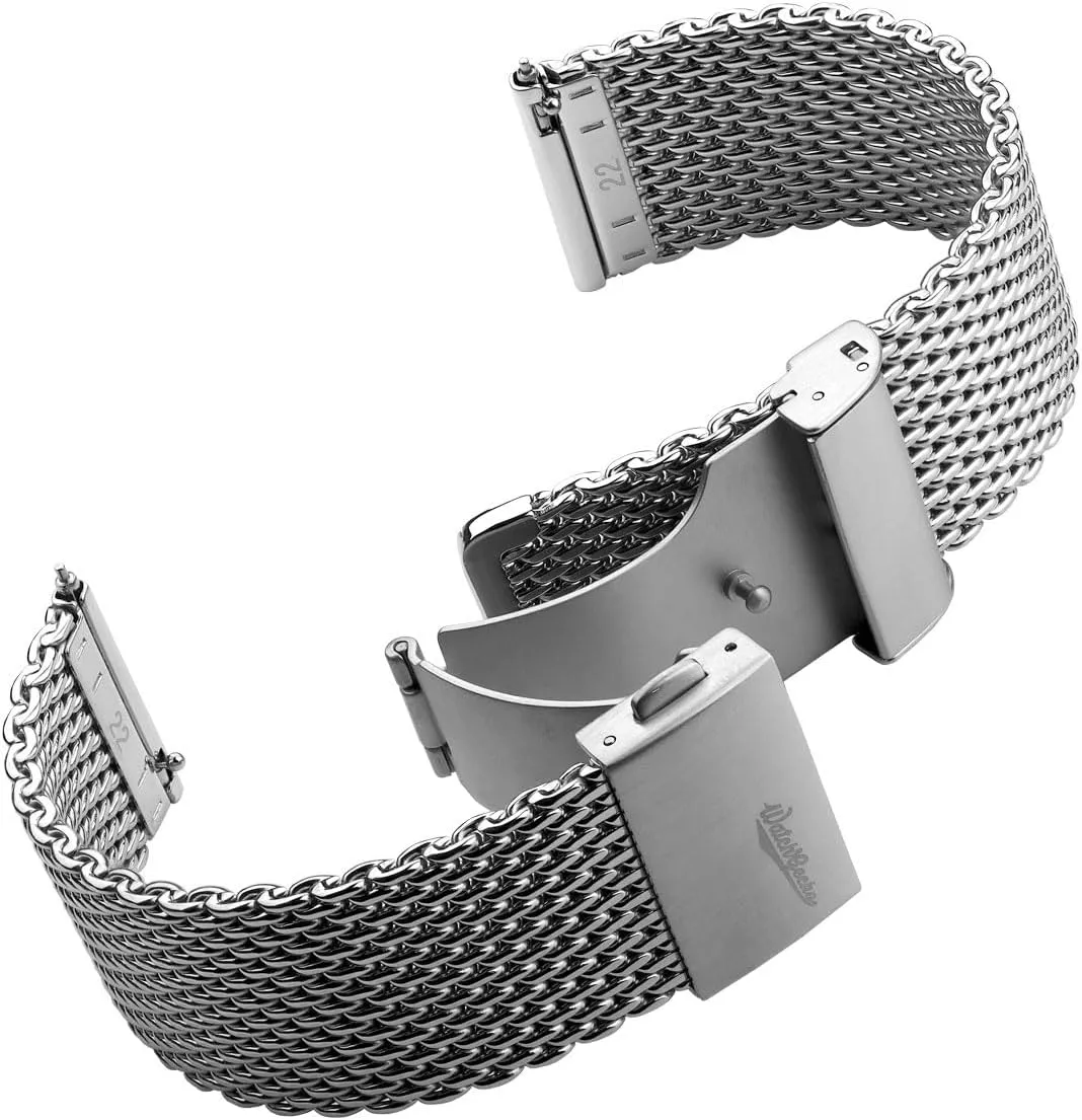 WATCHGECKO Merriott Quick-Release Milanese Mesh Stainless Steel Watch Strap - Polished. Mens Replacement Wristwatch Strap. Easy to Fit Adjustable Strap