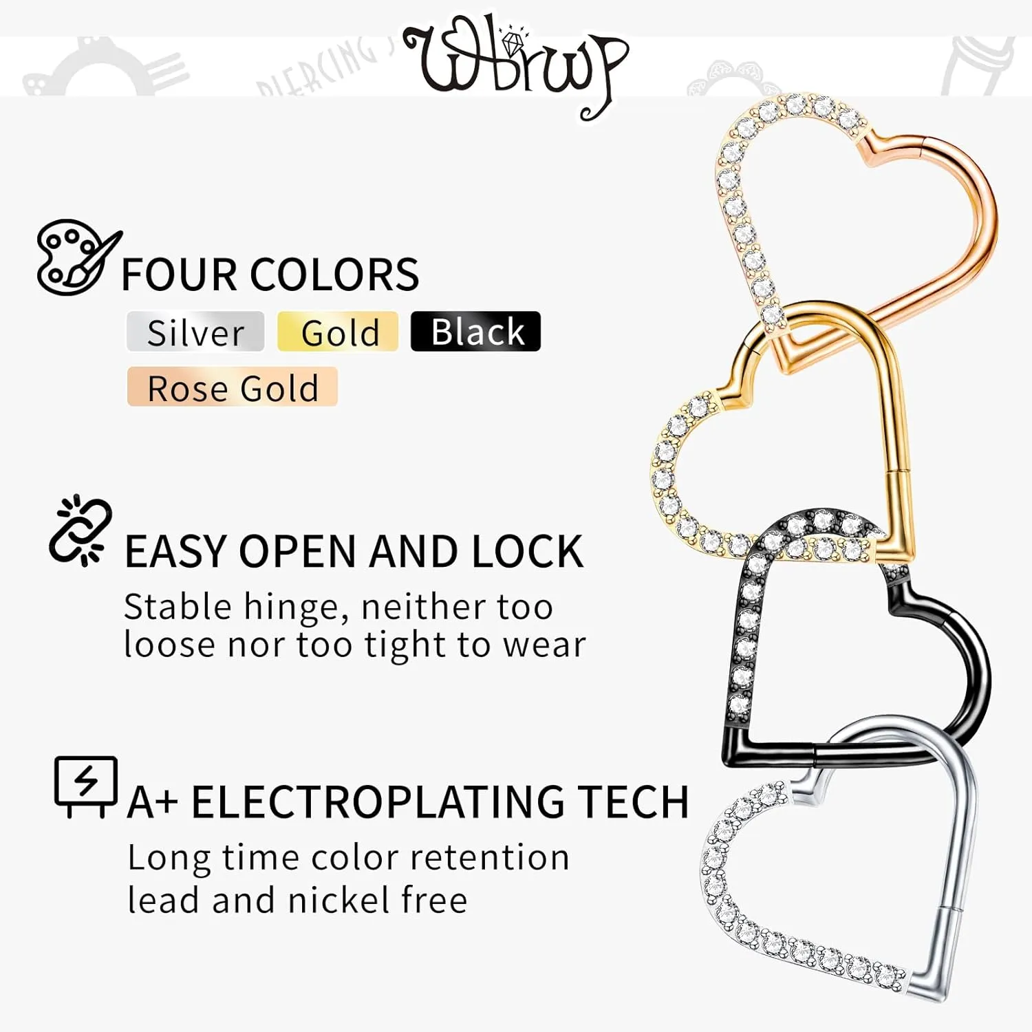 WBRWP 16G 8MM 10MM Septum Rings Piercing Jewelry: Teardrop Heart Shape Opal CZ 316L Surgical Steel Hinged Nose Rings Hoops Clicker Hypoallergenic Conch Helix Piercing Jewelry Daith Cartilage Earring