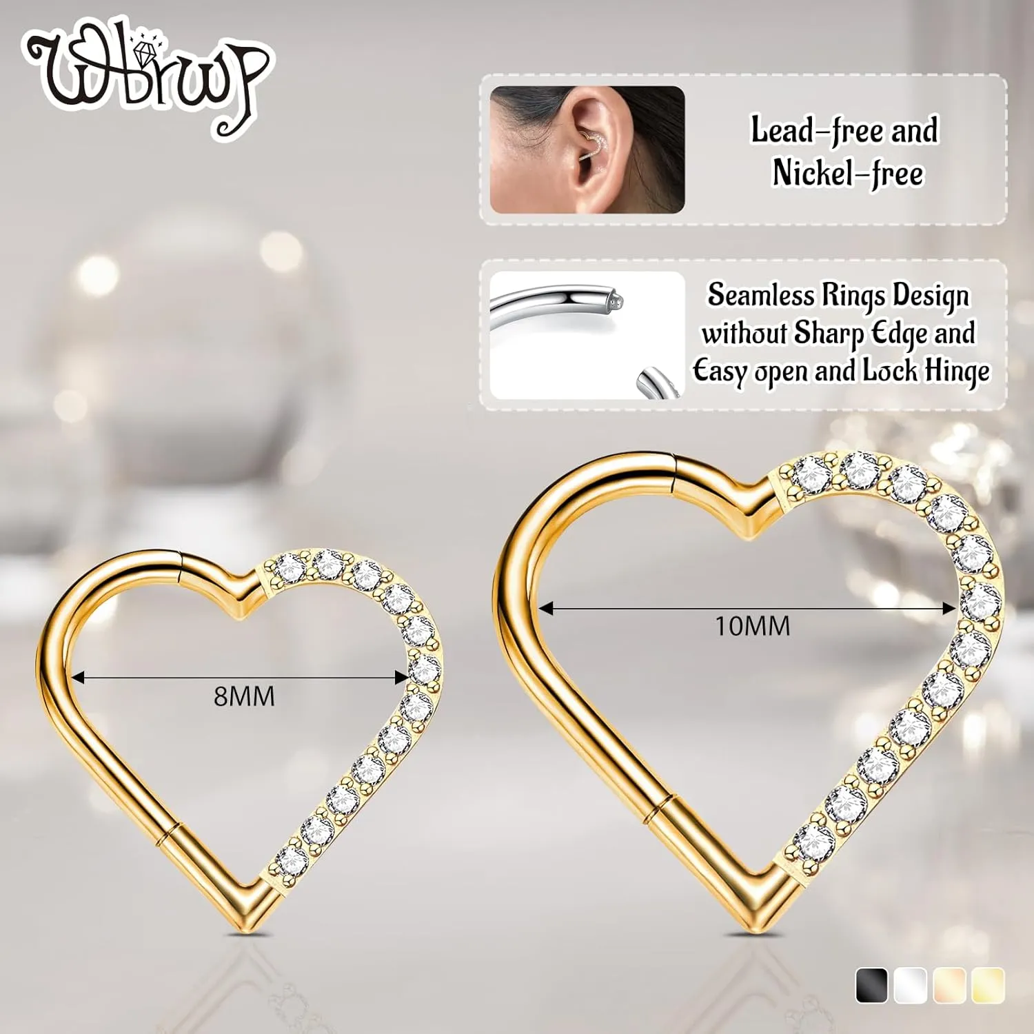 WBRWP 16G 8MM 10MM Septum Rings Piercing Jewelry: Teardrop Heart Shape Opal CZ 316L Surgical Steel Hinged Nose Rings Hoops Clicker Hypoallergenic Conch Helix Piercing Jewelry Daith Cartilage Earring