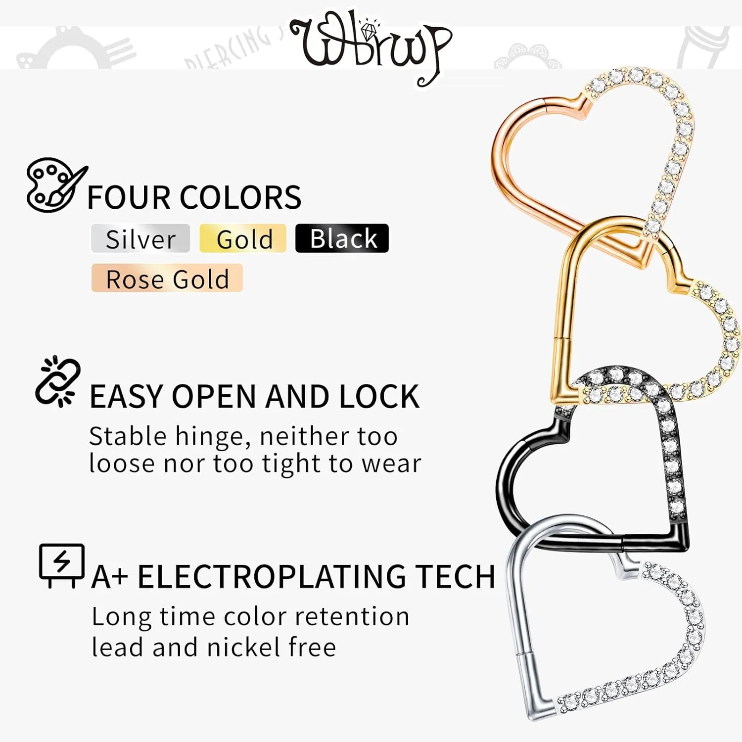 WBRWP 16G 8MM 10MM Septum Rings Piercing Jewelry: Teardrop Heart Shape Opal CZ 316L Surgical Steel Hinged Nose Rings Hoops Clicker Hypoallergenic Conch Helix Piercing Jewelry Daith Cartilage Earring
