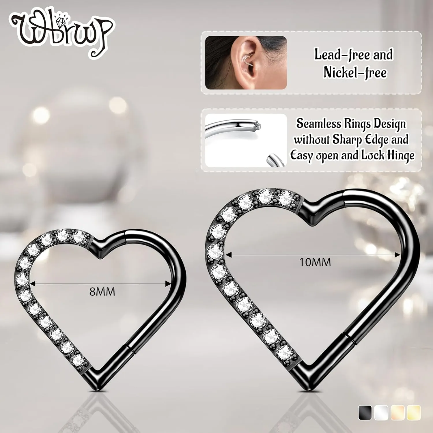WBRWP 16G 8MM 10MM Septum Rings Piercing Jewelry: Teardrop Heart Shape Opal CZ 316L Surgical Steel Hinged Nose Rings Hoops Clicker Hypoallergenic Conch Helix Piercing Jewelry Daith Cartilage Earring