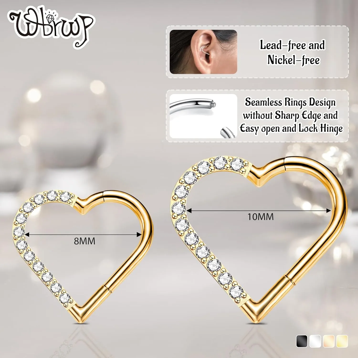 WBRWP 16G 8MM 10MM Septum Rings Piercing Jewelry: Teardrop Heart Shape Opal CZ 316L Surgical Steel Hinged Nose Rings Hoops Clicker Hypoallergenic Conch Helix Piercing Jewelry Daith Cartilage Earring