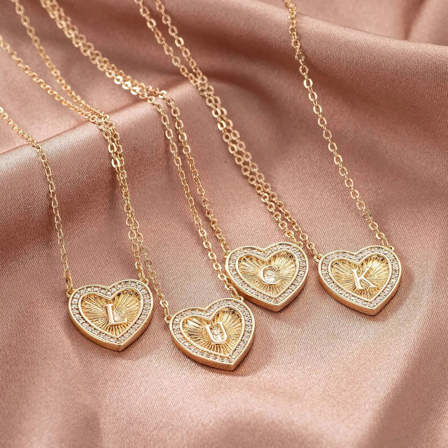 WEARON Initial Letter Heart Necklace 14k Gold Plated Dainty Charm Peach Letter Necklace CZ Initial Letters A Alphabet Heart Pendant Necklaces for Women Gifts