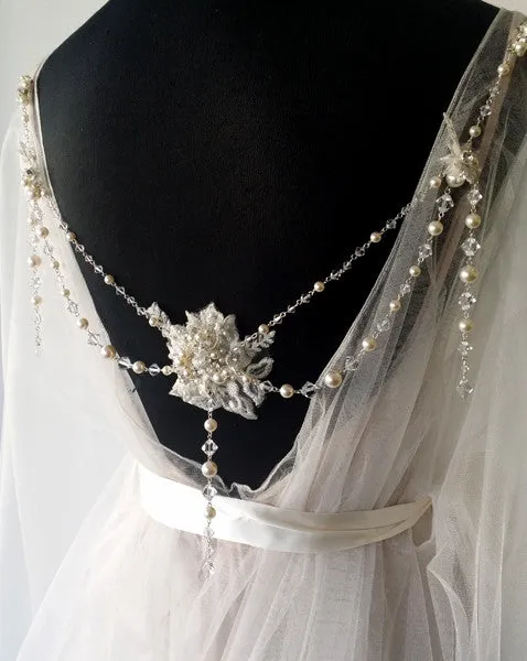 Wedding back jewellery - vintage style with pearl and crystal drape - Gracie by Kezani
