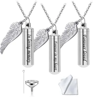 weikui 3 Pack Cylinder Urn Necklaces for Ashes Memorial Keepsake Pendant with Angel Wing Charm Necklace Stainless Steel Waterproof Cremation Jewelry for Ashes Locket Pendant-Forever Loved