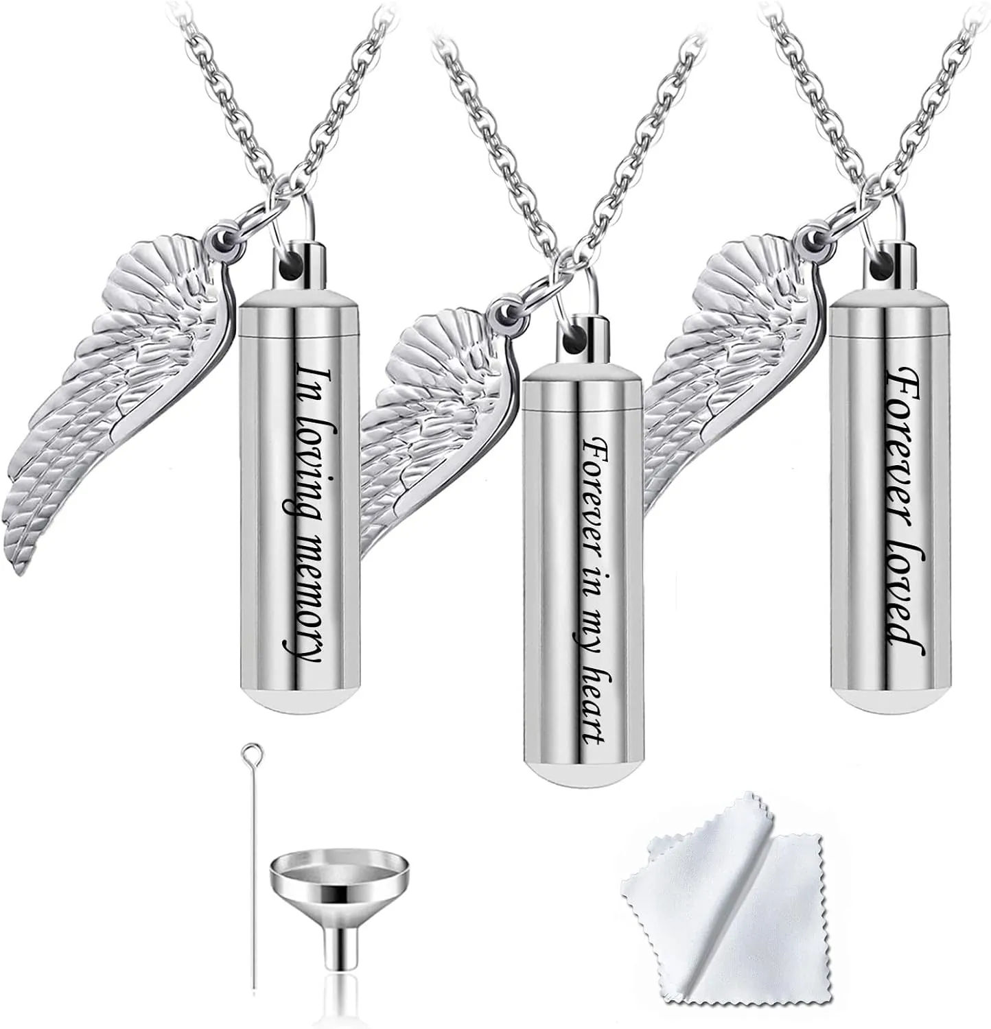 weikui 3 Pack Cylinder Urn Necklaces for Ashes Memorial Keepsake Pendant with Angel Wing Charm Necklace Stainless Steel Waterproof Cremation Jewelry for Ashes Locket Pendant-Forever Loved