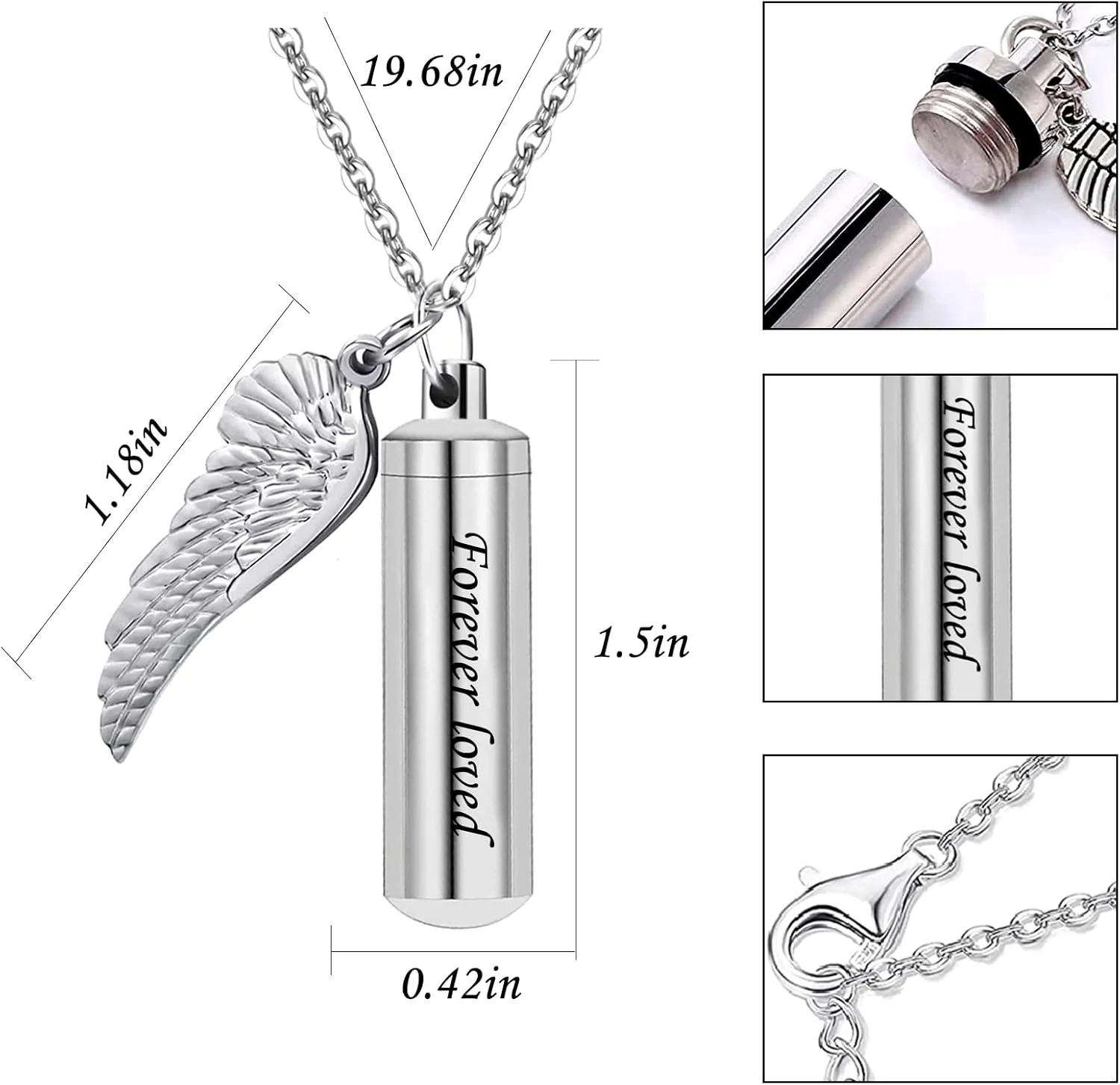 weikui 3 Pack Cylinder Urn Necklaces for Ashes Memorial Keepsake Pendant with Angel Wing Charm Necklace Stainless Steel Waterproof Cremation Jewelry for Ashes Locket Pendant-Forever Loved