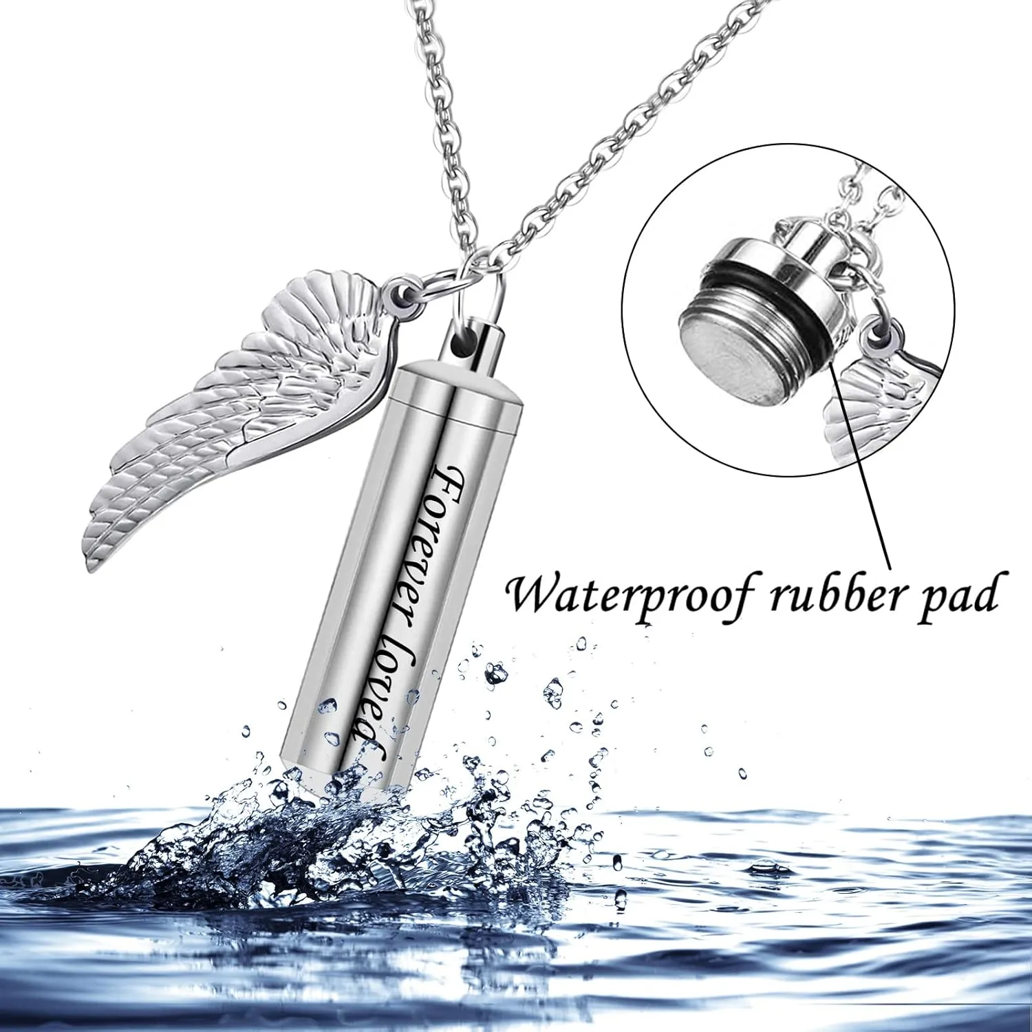 weikui 3 Pack Cylinder Urn Necklaces for Ashes Memorial Keepsake Pendant with Angel Wing Charm Necklace Stainless Steel Waterproof Cremation Jewelry for Ashes Locket Pendant-Forever Loved