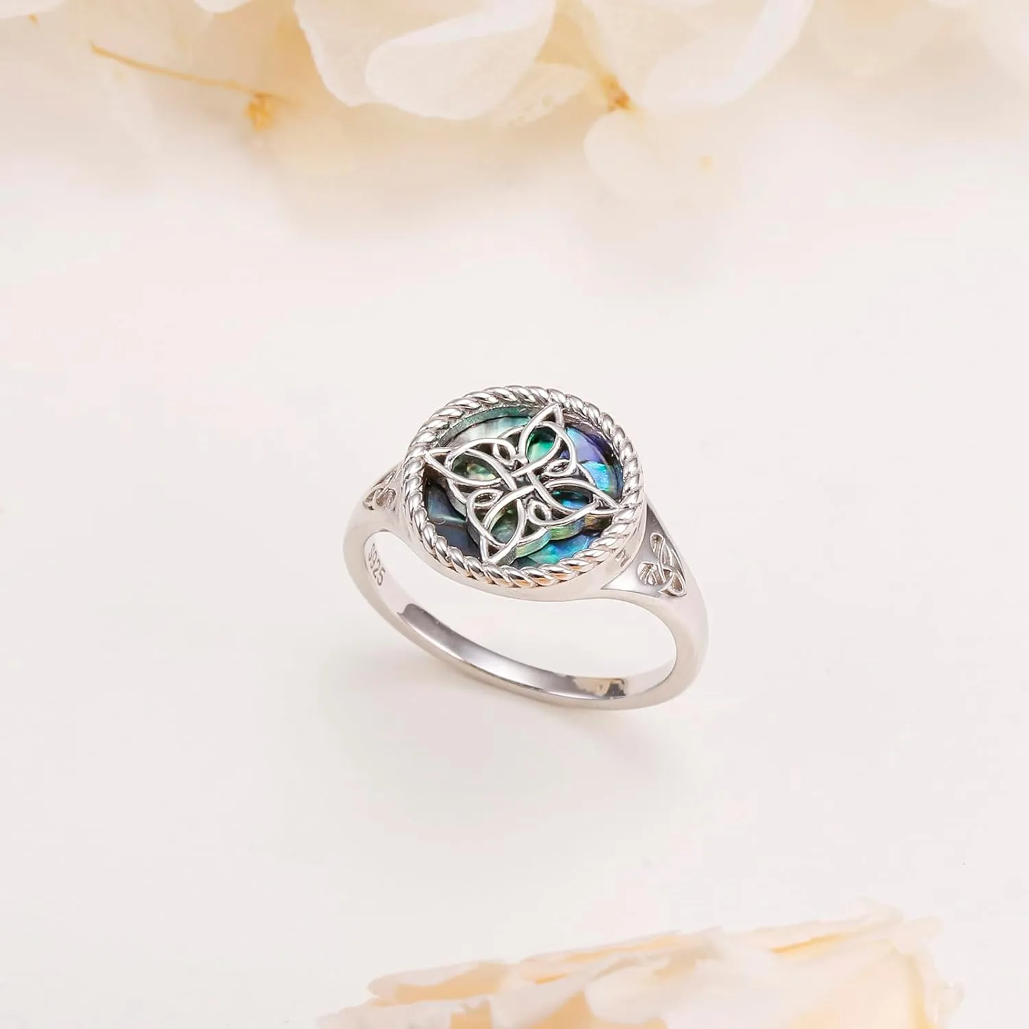 Witches Knot Ring for Women 925 Sterling Silver Abalone Shell Celtic Knot Rings Protection Irish Jewelry for Women