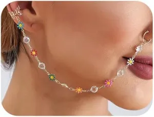 Wiwpar Crystal Nose Rings Hoop Chain Colorful Flower Nose Rings Earrings Hoop Chain Fake Septum Ring Non Piercing Nose to Ear Nose Ring Body Jewelry Nose Dangle Earrings for Women (Style5)
