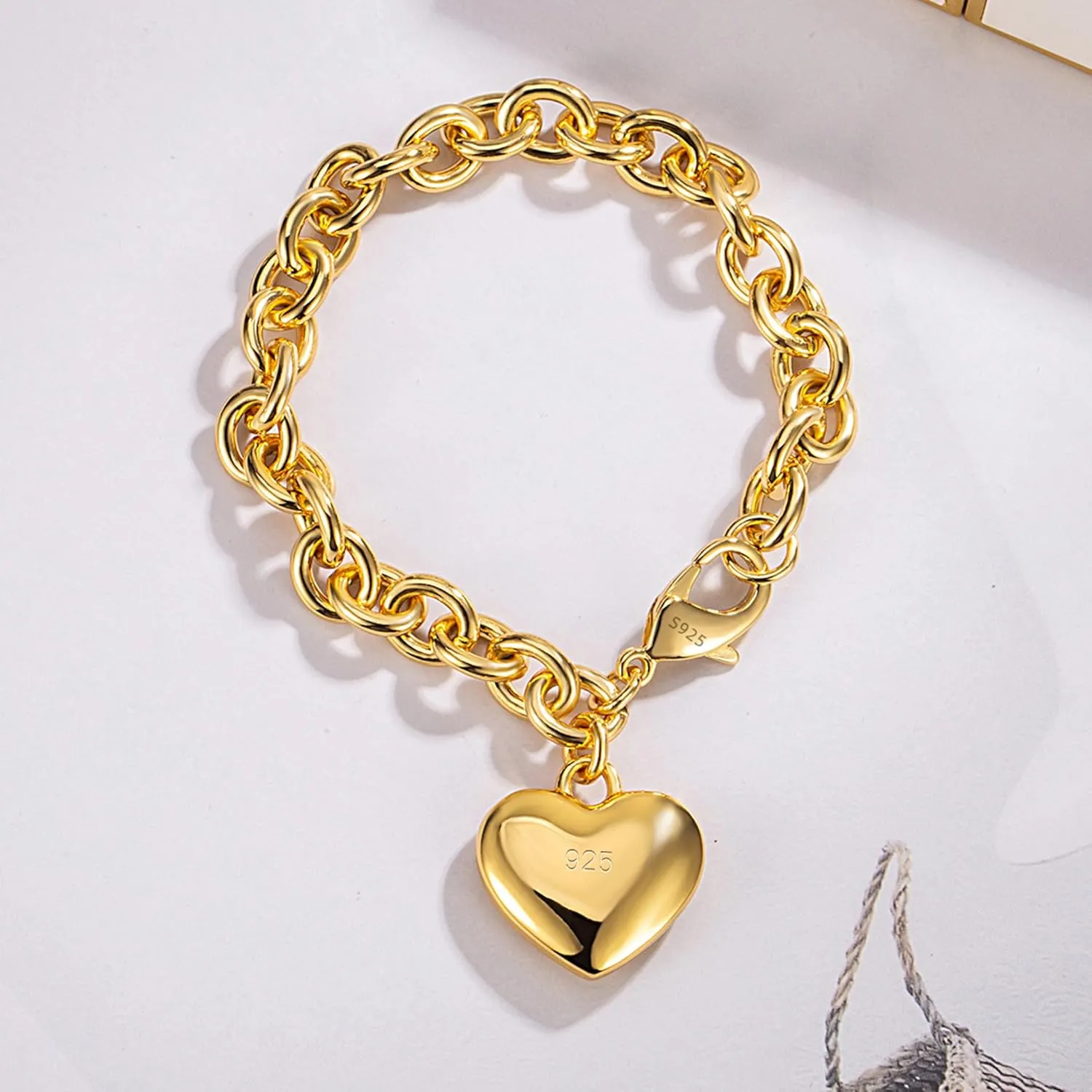 Women 925 Sterling Silver Round Cable Wire Link Bracelet Charm Heart-Bell-Square-Circle Pendant Chain Bangle Fine Jewelry Gift For Wife Her