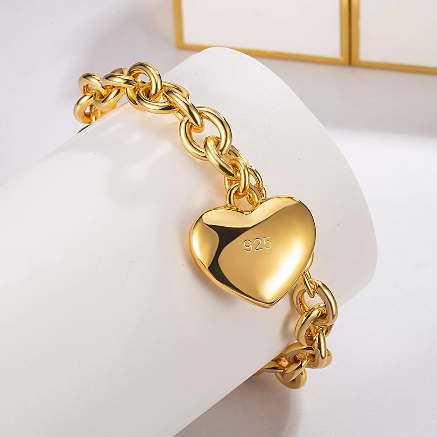 Women 925 Sterling Silver Round Cable Wire Link Bracelet Charm Heart-Bell-Square-Circle Pendant Chain Bangle Fine Jewelry Gift For Wife Her