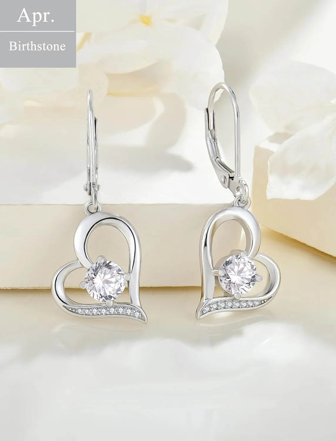Women Heart Earrings 925 Sterling Silver Love Heart Dangle Drop Earrings Round Birthstone Jewelry