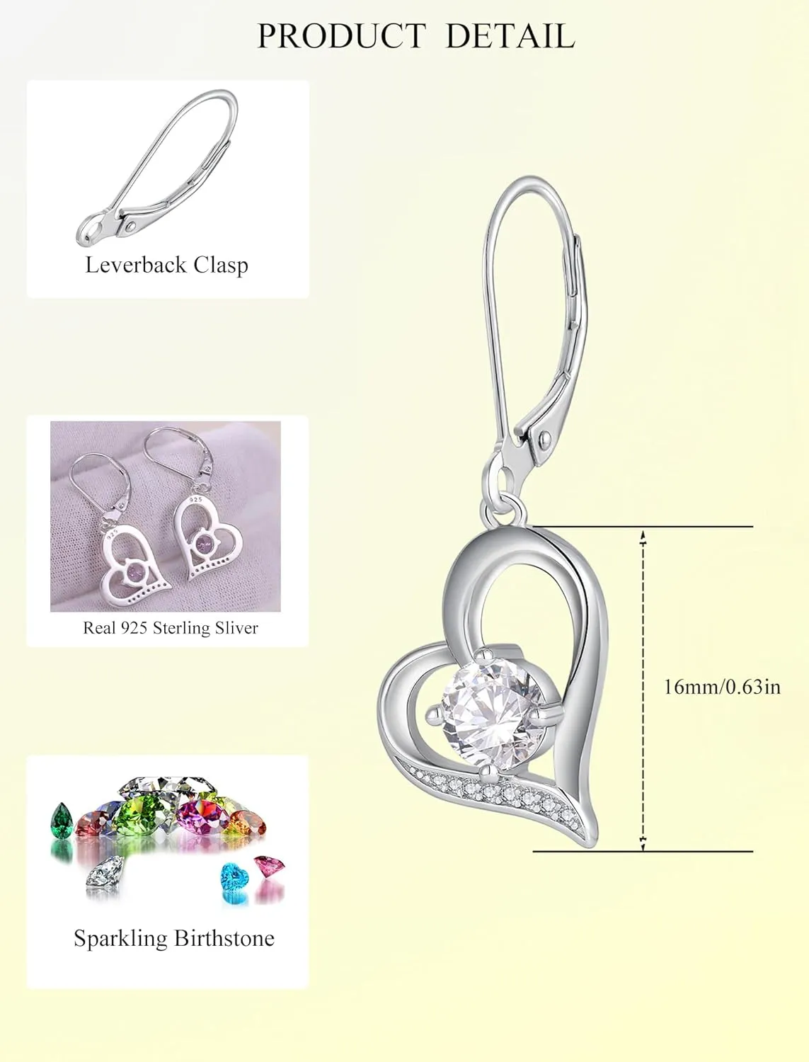 Women Heart Earrings 925 Sterling Silver Love Heart Dangle Drop Earrings Round Birthstone Jewelry