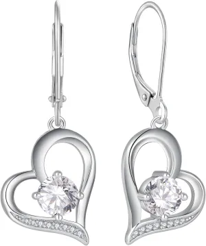 Women Heart Earrings 925 Sterling Silver Love Heart Dangle Drop Earrings Round Birthstone Jewelry
