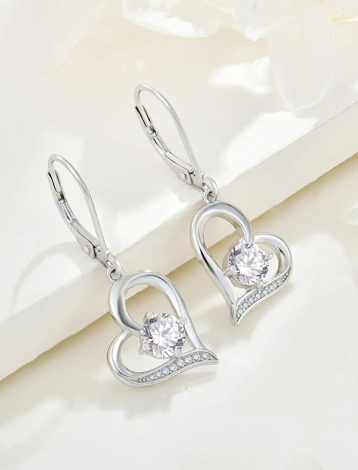 Women Heart Earrings 925 Sterling Silver Love Heart Dangle Drop Earrings Round Birthstone Jewelry