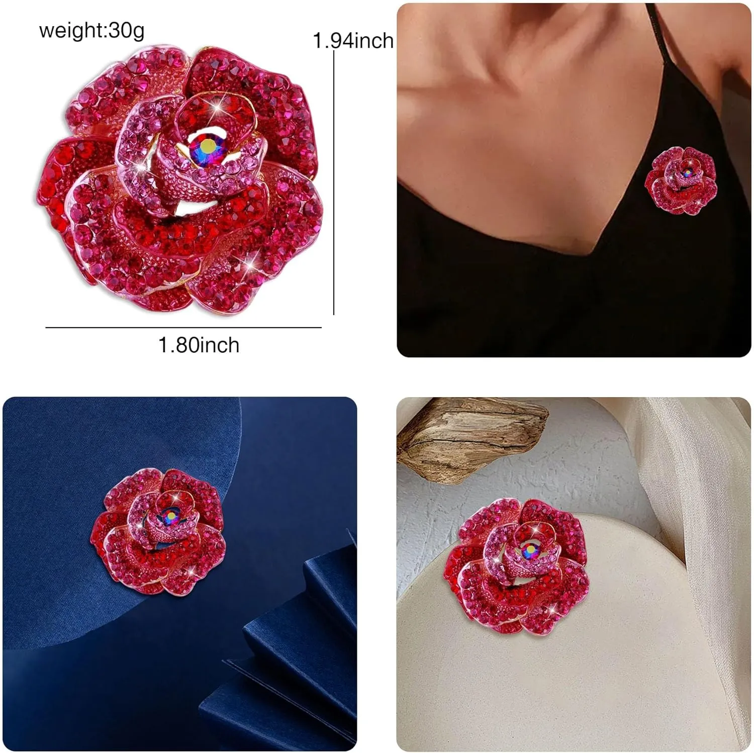 Women's Enamel Crystal Rose Flower Brooches Elegant Rhinestone Floral Statement Brooch Pins Fashion Jewelry Accessories for Women Girl Gift Gold