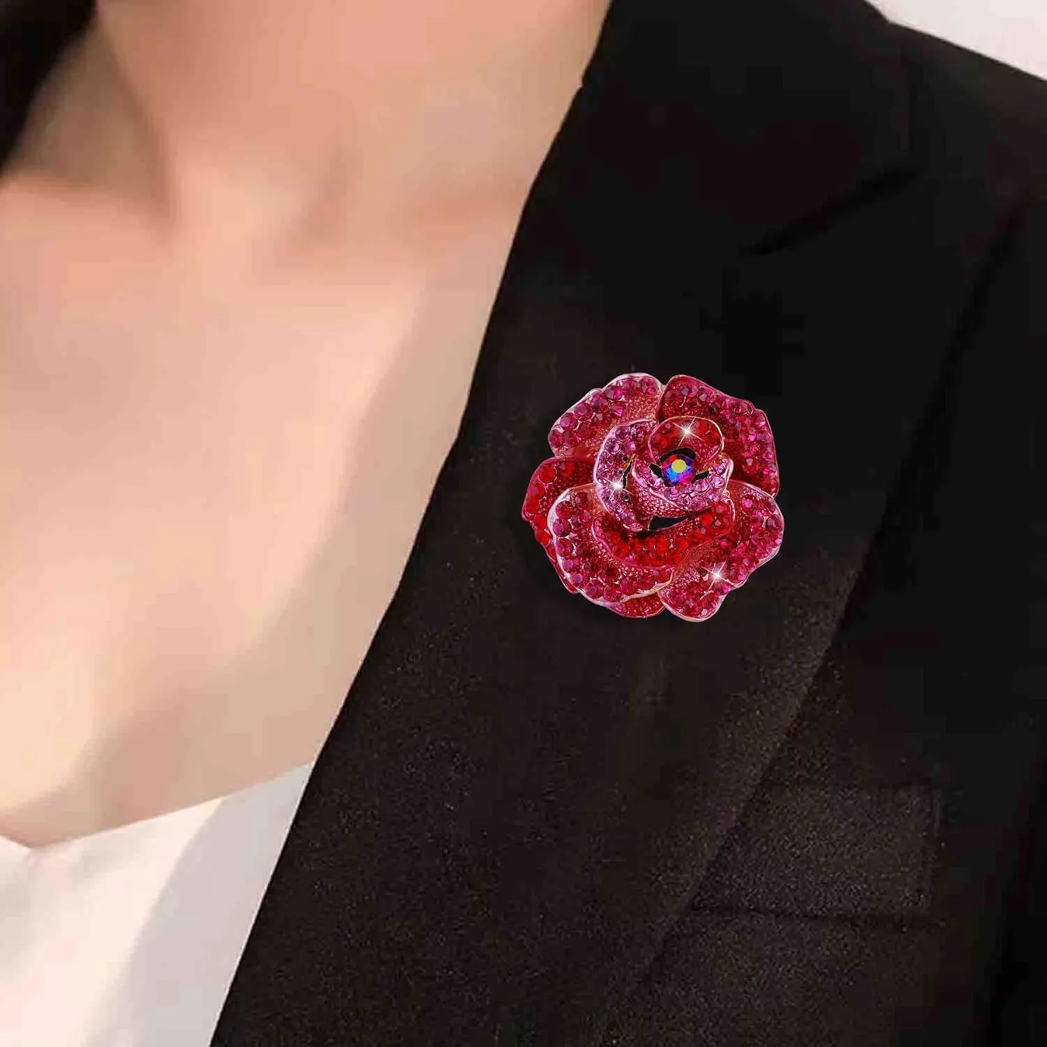 Women's Enamel Crystal Rose Flower Brooches Elegant Rhinestone Floral Statement Brooch Pins Fashion Jewelry Accessories for Women Girl Gift Gold
