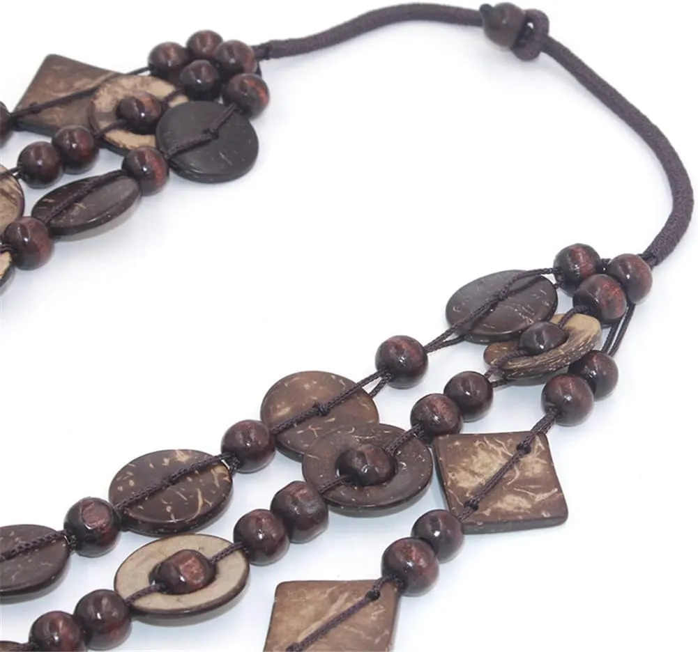 Wooden Beads Shell Necklace Bohemian Coconut Shell Colorful Wood Bead Pendant Necklace for Women Handmade Jewelry