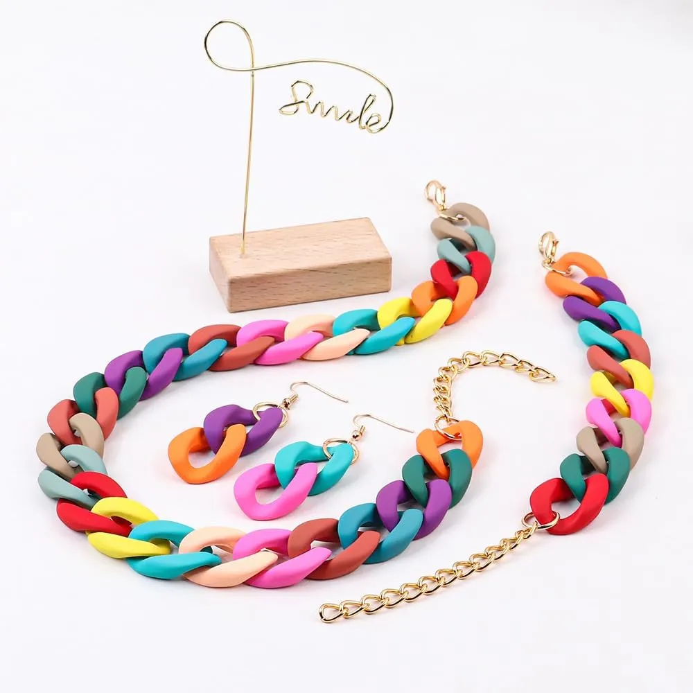 XAM 3PCS/set Acrylic Macaron Chunky Necklace Bracelet and Stud Earring Exaggerate Retro Costume Jewelry for Women