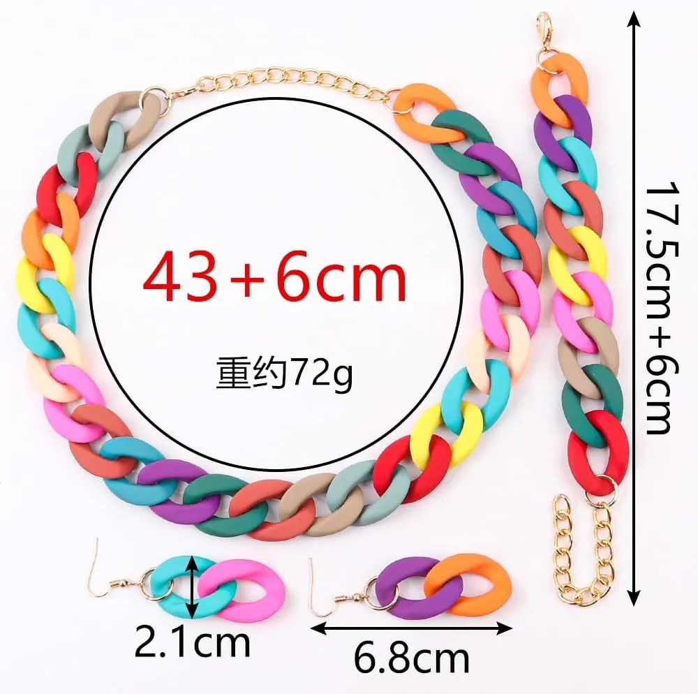 XAM 3PCS/set Acrylic Macaron Chunky Necklace Bracelet and Stud Earring Exaggerate Retro Costume Jewelry for Women