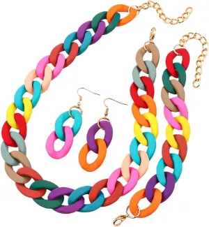 XAM 3PCS/set Acrylic Macaron Chunky Necklace Bracelet and Stud Earring Exaggerate Retro Costume Jewelry for Women