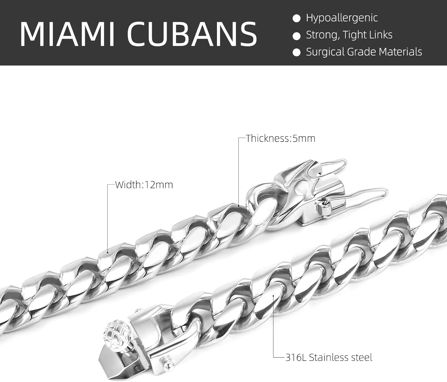 XXMAYSTAR Miami Cuban Link Chain for Men- 316L Stainless Steel 12MM Width Fashion Glossy Buckle Hip Hop Jewelry,Thick Chain for men 18K Gold Plated/Silver with Gift Box