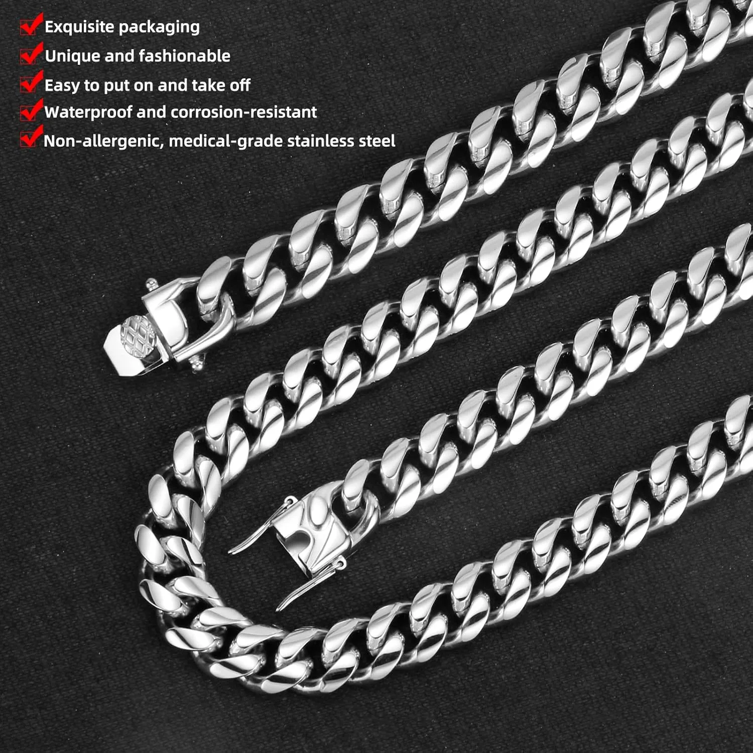 XXMAYSTAR Miami Cuban Link Chain for Men- 316L Stainless Steel 12MM Width Fashion Glossy Buckle Hip Hop Jewelry,Thick Chain for men 18K Gold Plated/Silver with Gift Box
