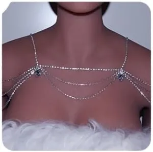 YERTTER Wedding Silver Rhinestone Shoulder Chain Layered Crystal Tassel Body Chain Sexy Bkini Flapper Shoulder Body Accessories Jewelry for Women Brides (Silver 1)