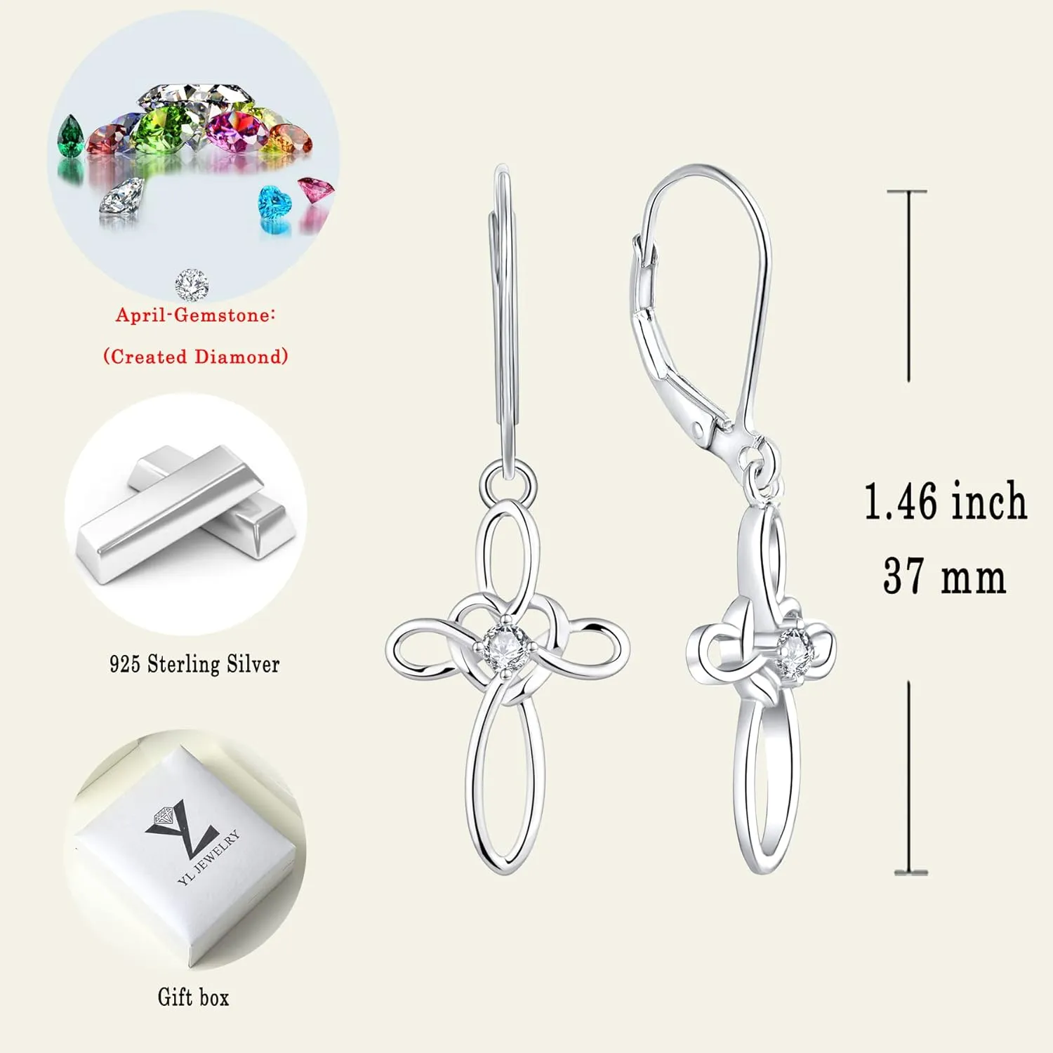 YL Celtic Knot Cross Earrings Sterling Silver Dangle Drop Earrings Birthstones Heart Religious Leverback Jewelry for Women