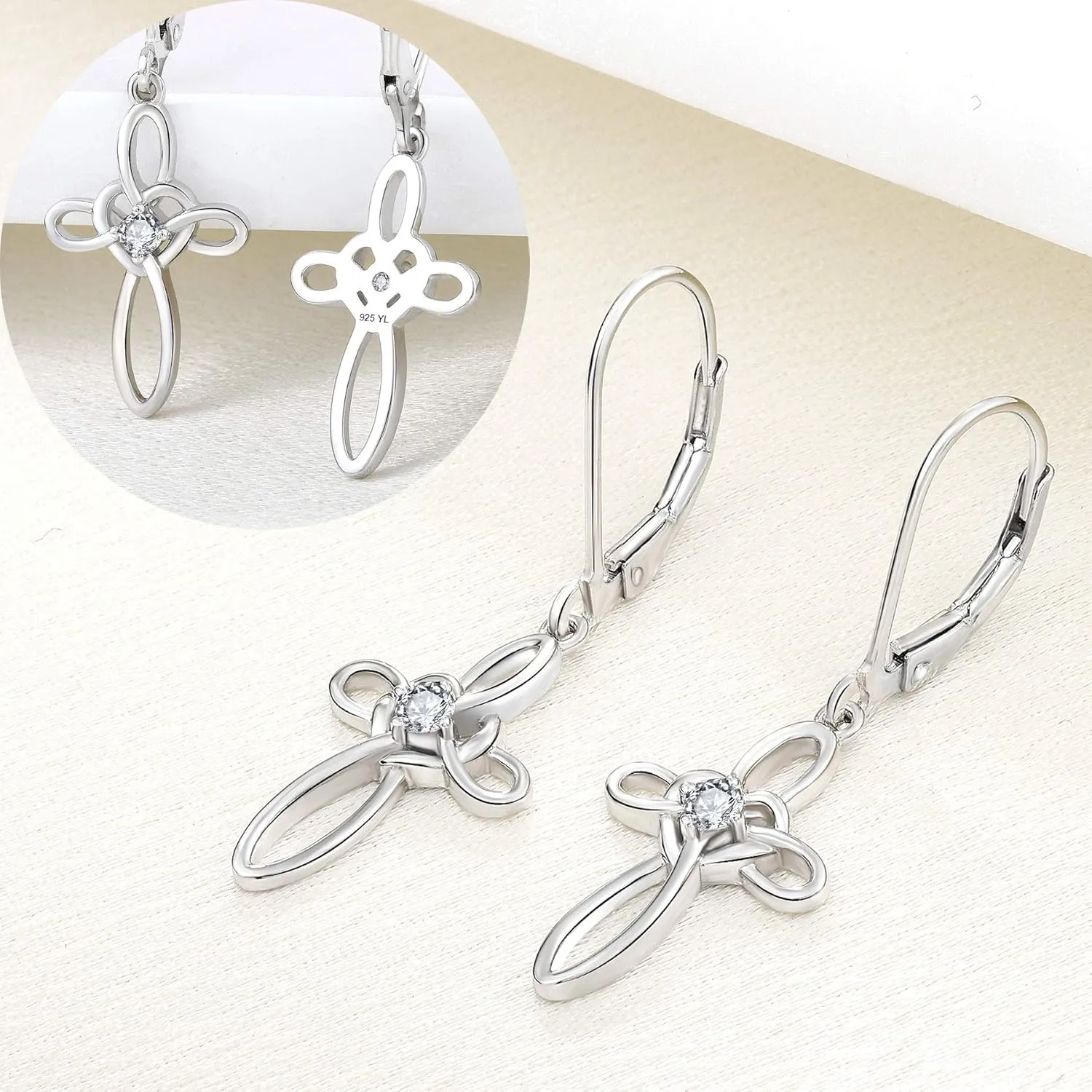 YL Celtic Knot Cross Earrings Sterling Silver Dangle Drop Earrings Birthstones Heart Religious Leverback Jewelry for Women