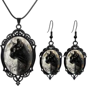 YWMAN Goth Black Cat Cameo Necklace Earrings Set, Vintage Gothic Black Cat Pendant Dangle Earrings, Halloween Witch Costume Jewelry Gift for Women