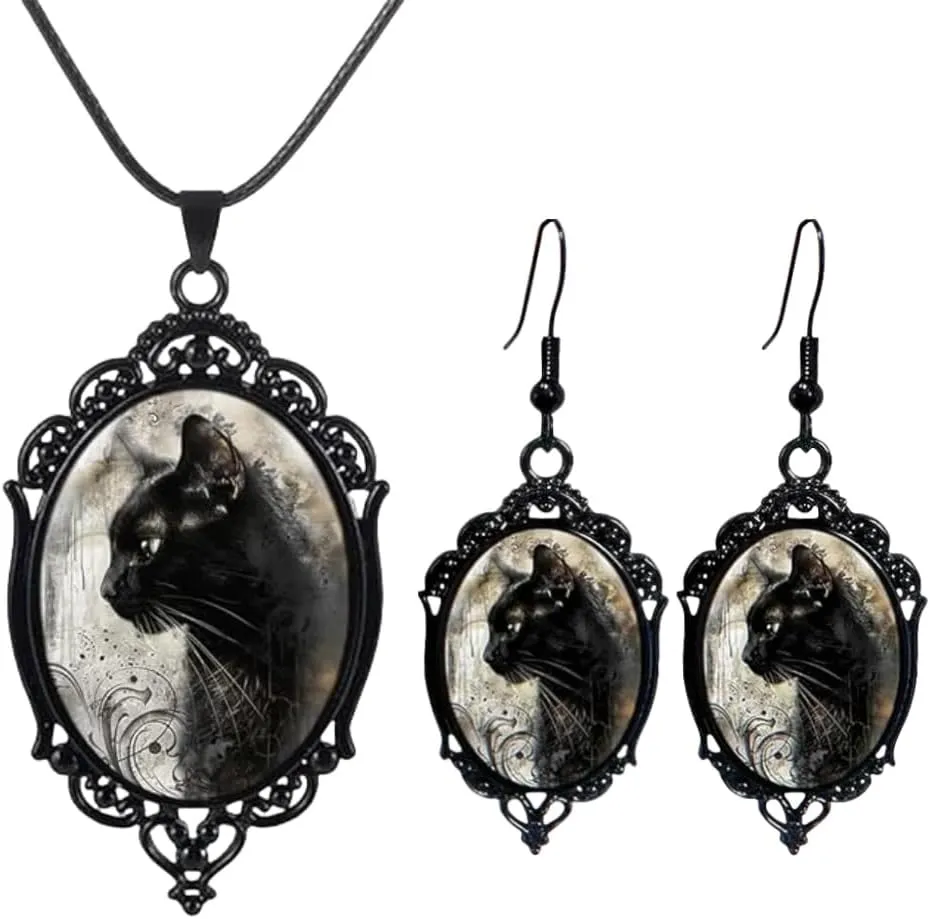 YWMAN Goth Black Cat Cameo Necklace Earrings Set, Vintage Gothic Black Cat Pendant Dangle Earrings, Halloween Witch Costume Jewelry Gift for Women