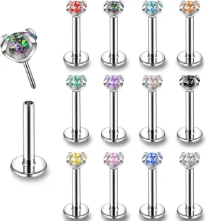 ZS 16G Stainless Steel Pushin Lip Rings, Colorful CZ Forward Helix Earring, Length 6/8/10mm Labret Monroe Medusa Piercing Jewelry for Women Men