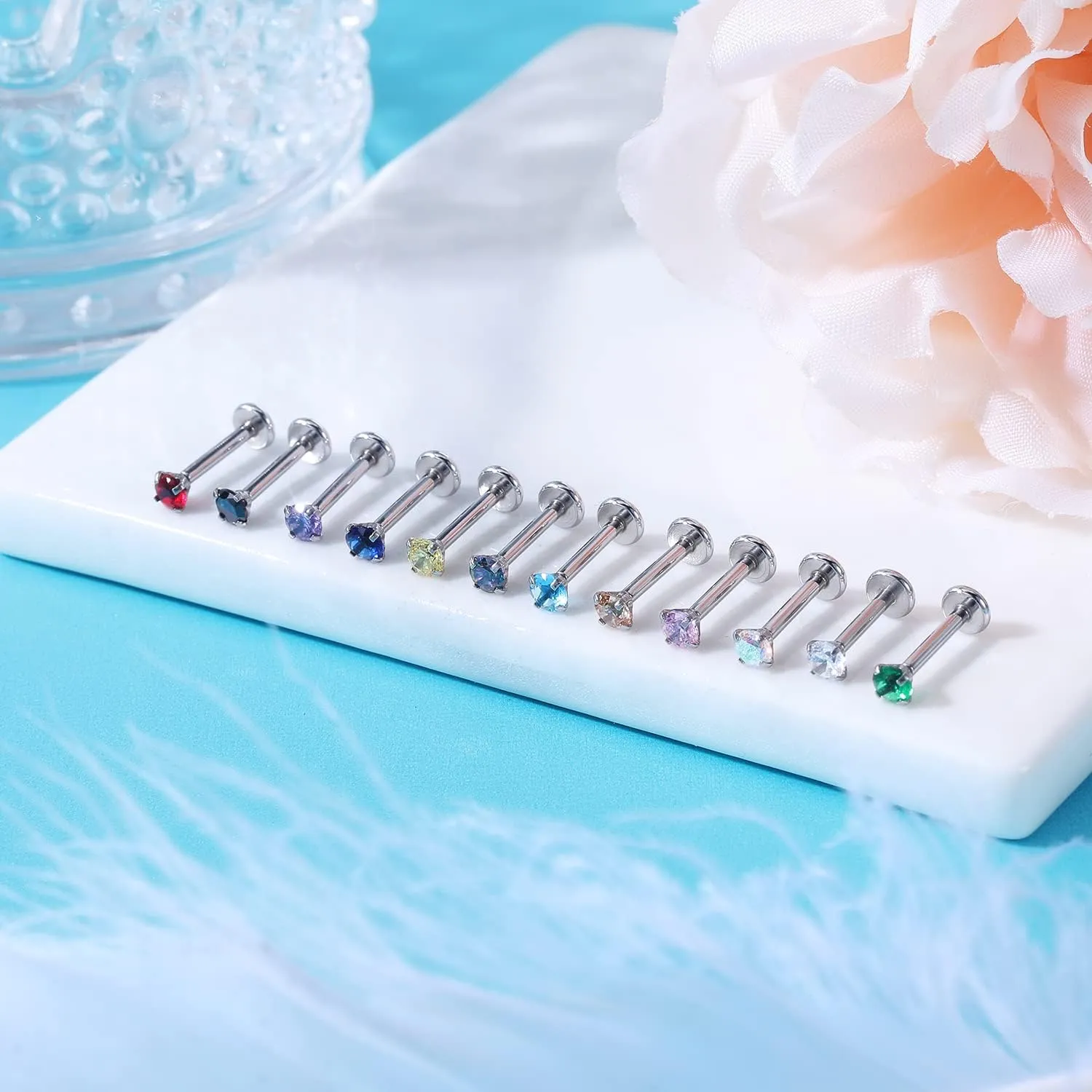 ZS 16G Stainless Steel Pushin Lip Rings, Colorful CZ Forward Helix Earring, Length 6/8/10mm Labret Monroe Medusa Piercing Jewelry for Women Men