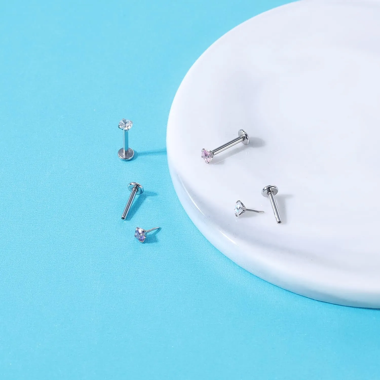 ZS 16G Stainless Steel Pushin Lip Rings, Colorful CZ Forward Helix Earring, Length 6/8/10mm Labret Monroe Medusa Piercing Jewelry for Women Men