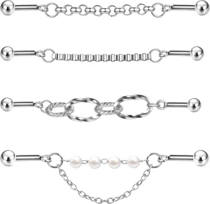 ZS 4Pcs 16G Chain Industrial Barbell Earring, 316L Surgical Steel Chain Cartilage Helix Stud Earrings, Industrial Bar Piercing Jewelry for Women Men